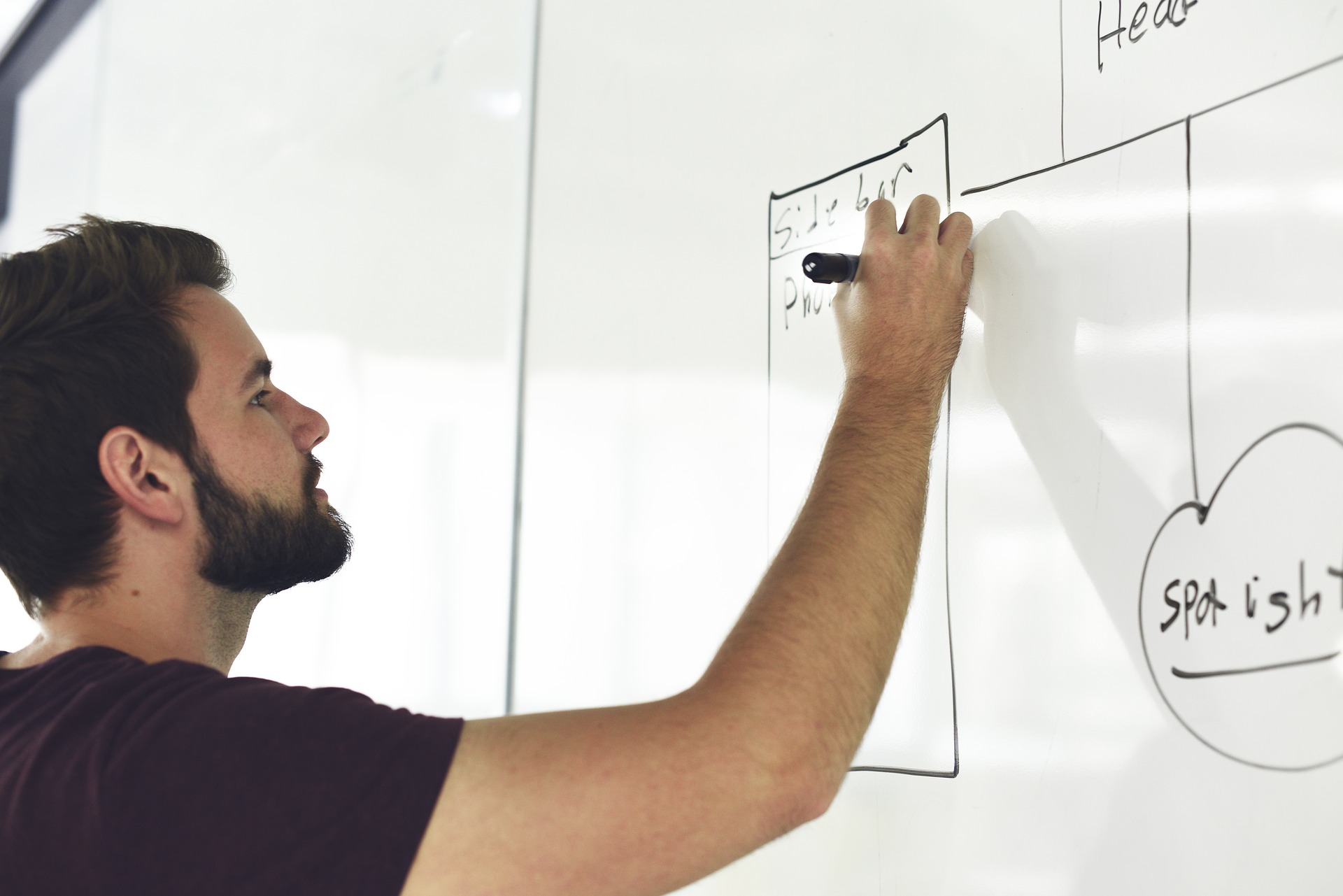 young man mapping out project on whiteboard