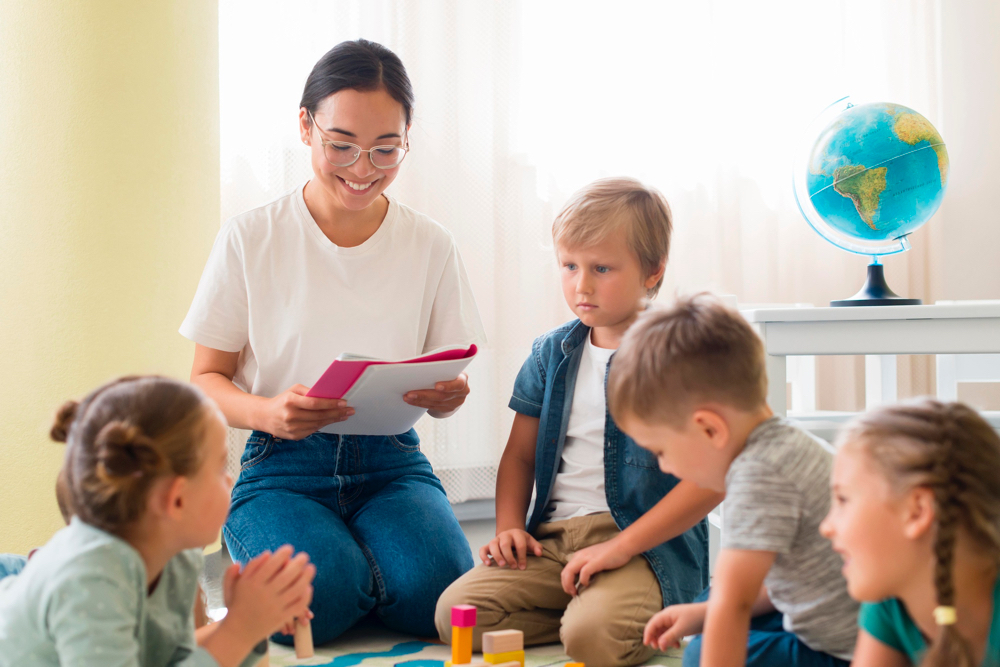 young woman looking after children